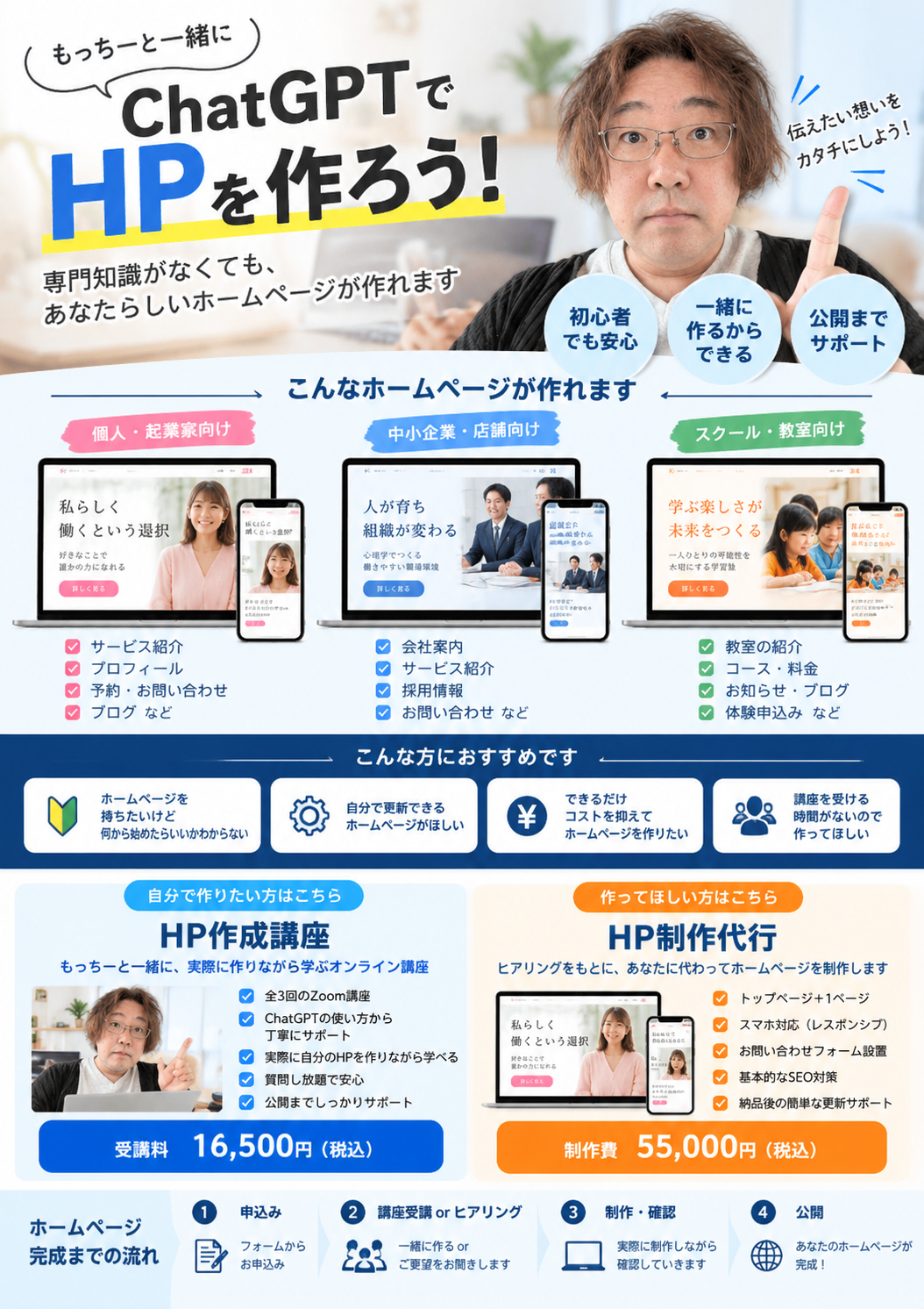 もっちーと一緒にChatGPTでHPを作ろう A4イメージラフ